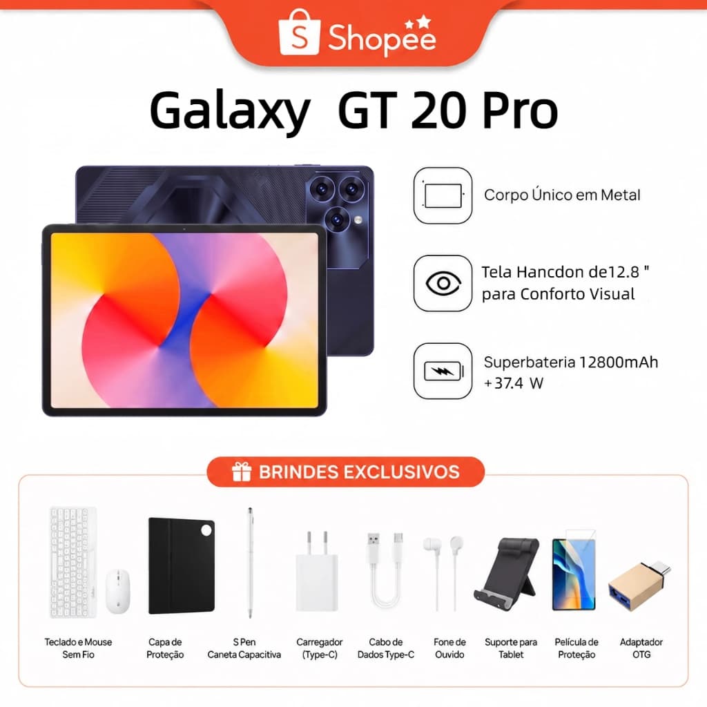 Galaxy GT20 Pro 12.8" Android 16 Tablet - Snapdragon 8 Gen 3 Processor, 16GB RAM + 512GB ROM, Full HD Screen, 12800mAh