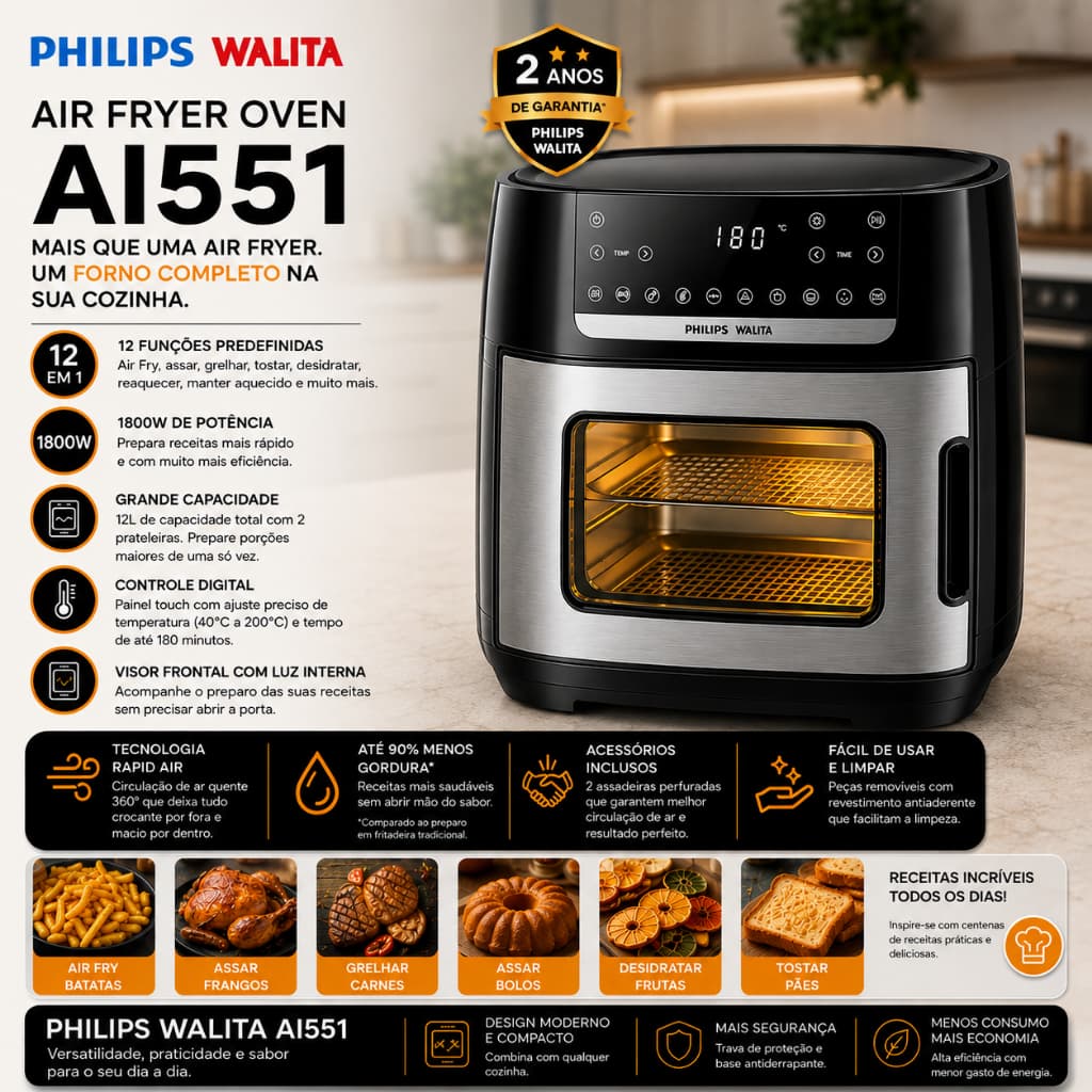 Air Fryer Forno Philips Walita AI551 12L Digital com Visor e Painel Touch