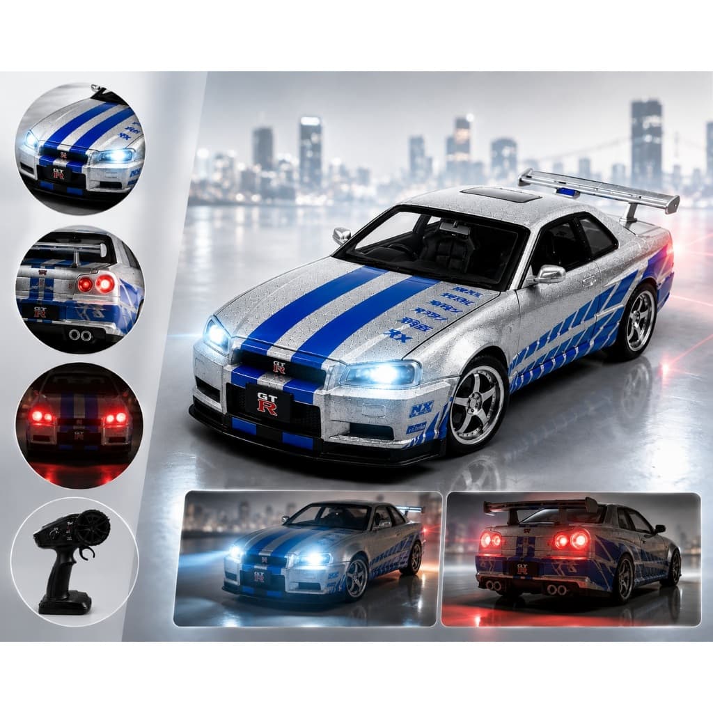 Carrinho de controle remoto Velozes e Furiosos Skyline GT-R R34 Metal Colecionável Drift Controle Remoto