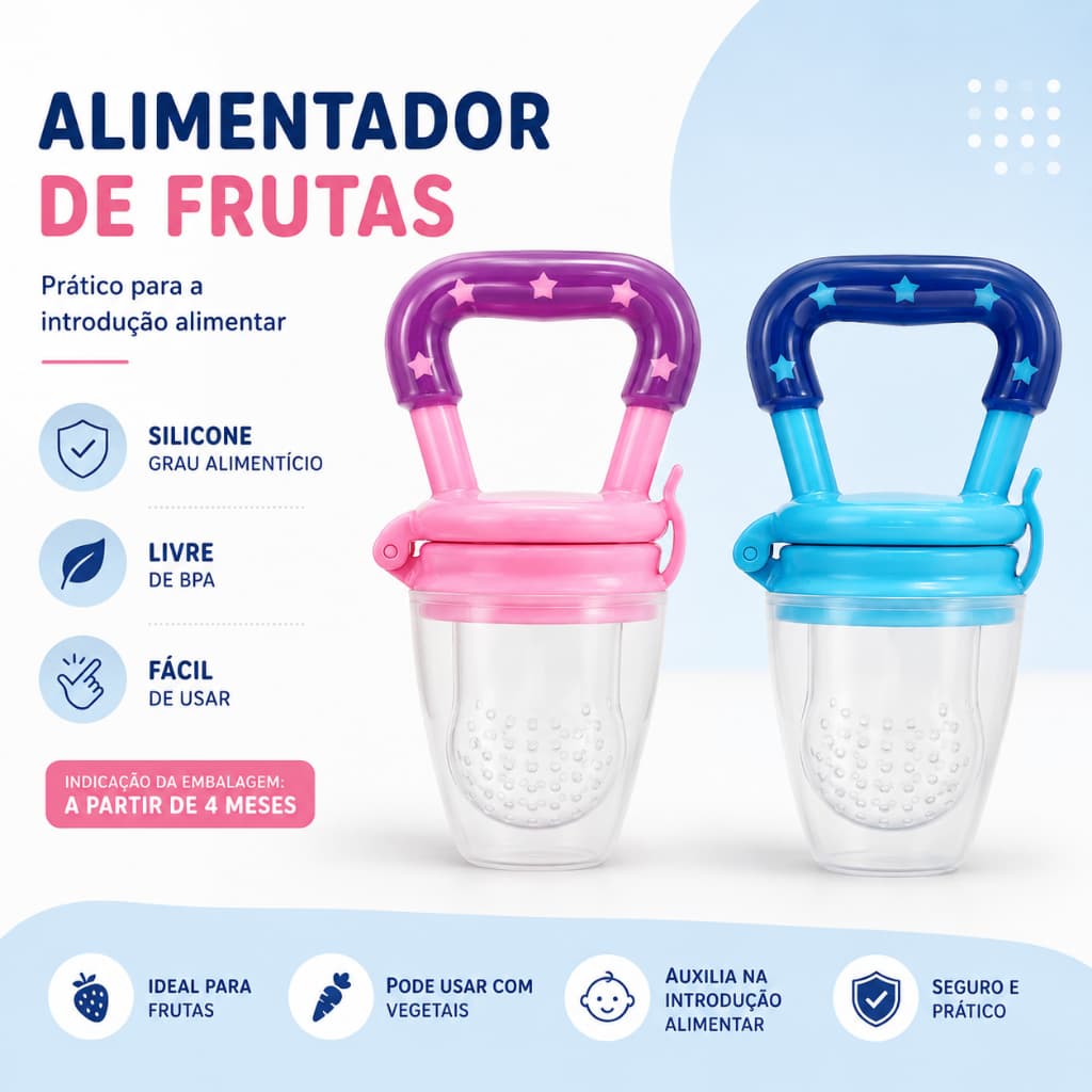 Chupeta Alimentadora de Silicone para Bebê Porta Frutas Mordedor Infantil Introdução Alimentar Azul e Rosa