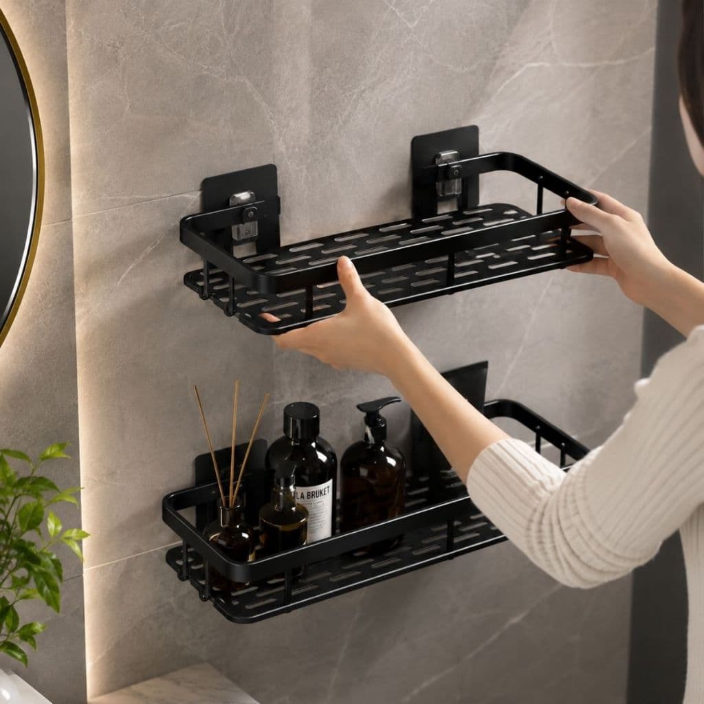 Kit 2 Suporte Nichos Prateleira Banheiro Adesivo Parede Sem Parafusar Alumínio Luxo Shampoo Sabonete