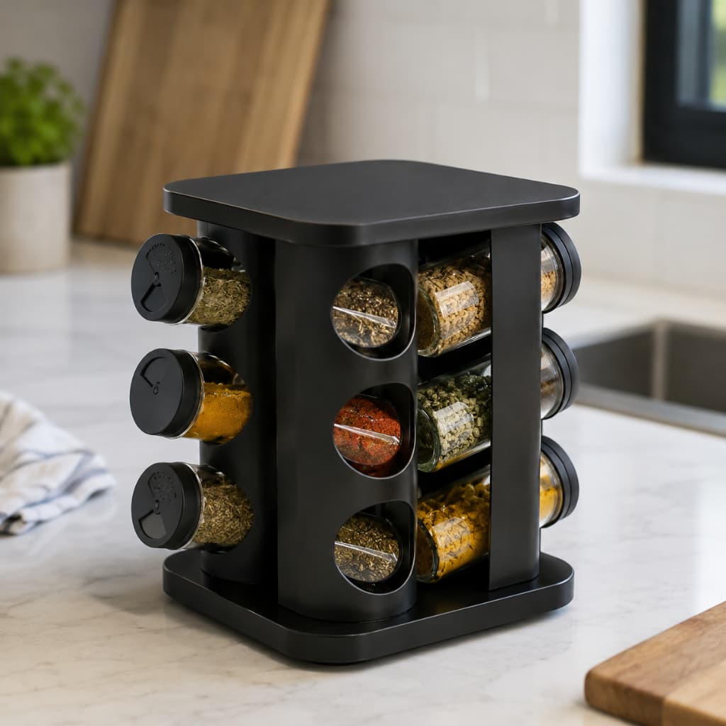 Porta Temperos Giratório 360° 12 Potes de Vidro 85ml Organizador de Condimentos Preto