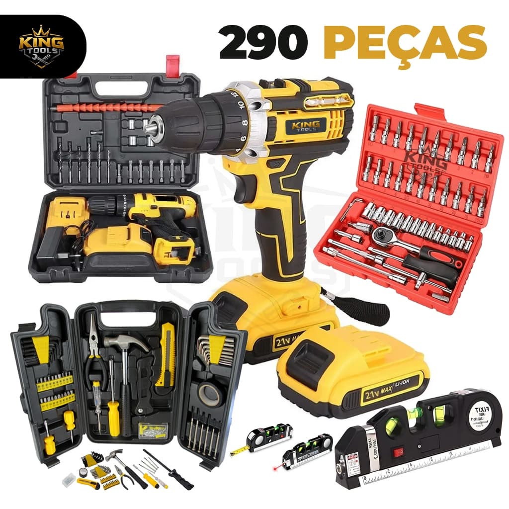 Kit Completo 290 Peças Maleta Profissional Mello Tools + Furadeira Parafusadeira Sem Fio 48V com 2 Baterias,Trena Lazer
