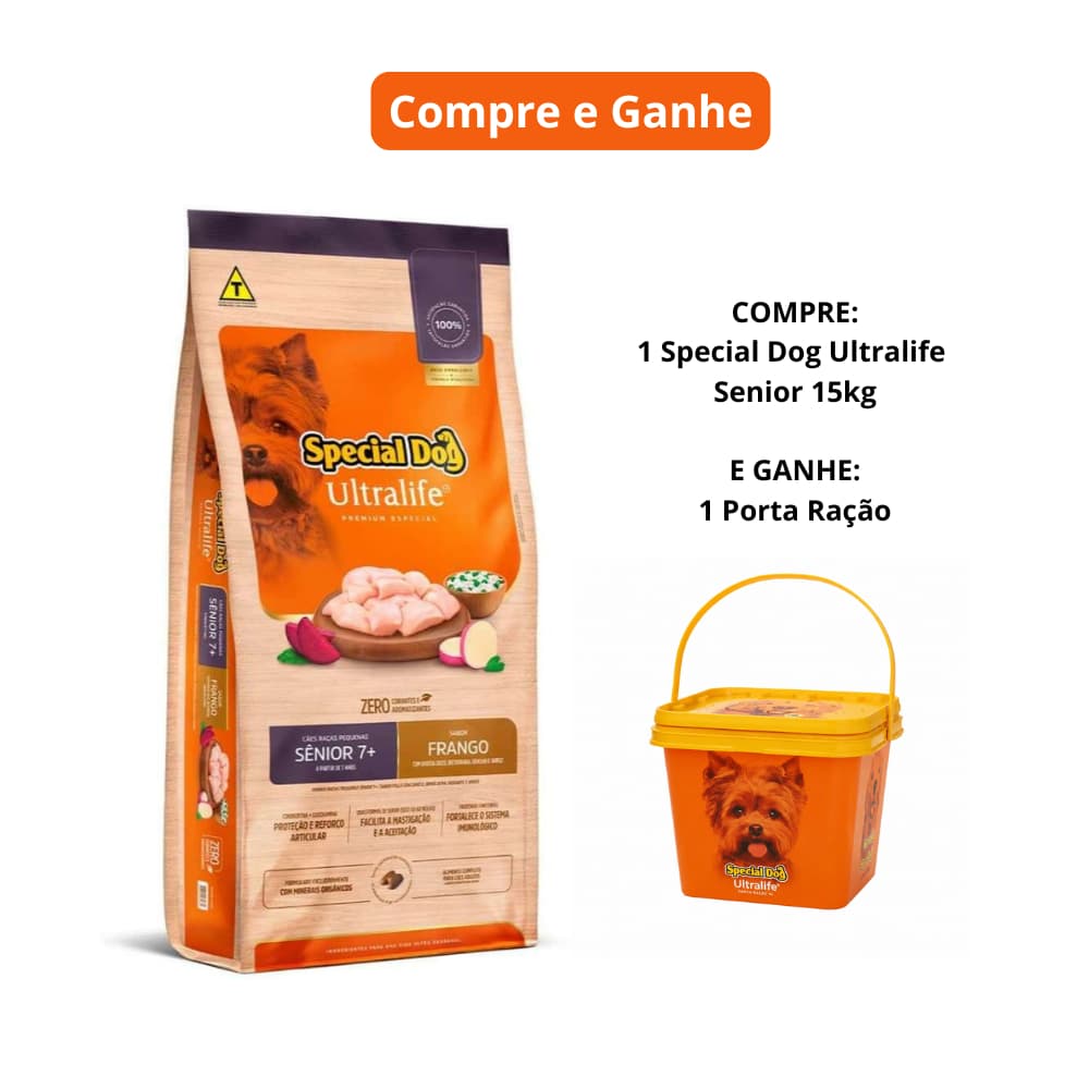 Ração Special Dog Ultralife Sênior 15Kg Para Cães Acima de 7 Anos Sabor Frango, Arroz e Batata Doce 15Kg + 1 Porta Ração