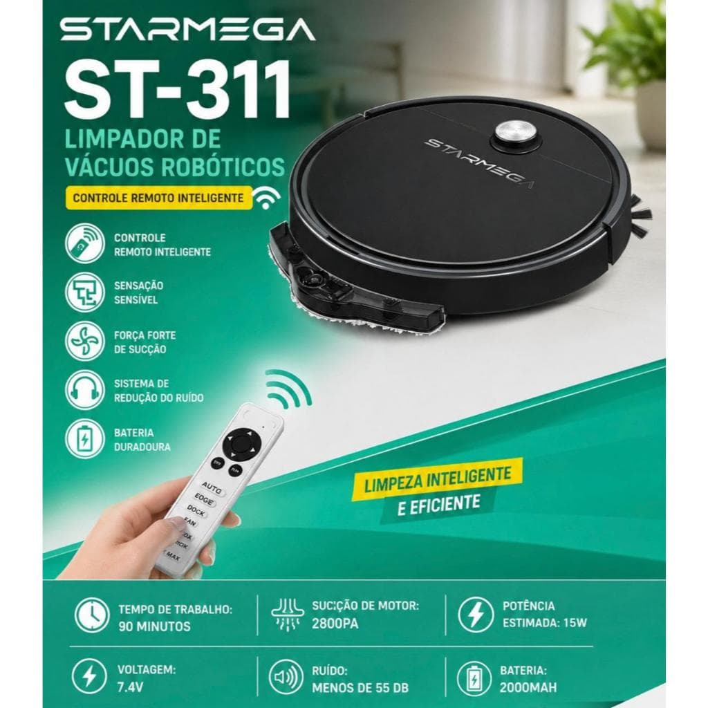 Robô Aspirador Inteligente Starmega ST-311 2800Pa com Controle Remoto Aspira e Passa Pano Bateria 90 Min Silencioso