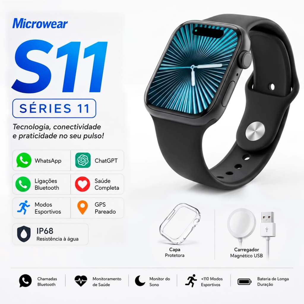 Relógio Inteligente Smartwatch S11 46MM Series 11 2026 2 Whatsapp Chat GPT acompanha capinha Original Microwear