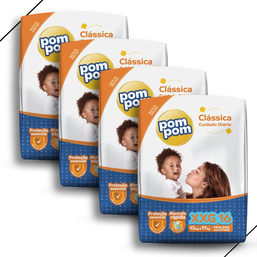 Kit 4 Fralda Descartável Pom Pom Clássica Jumbo Tamanho XXG - Total 64 Unidades