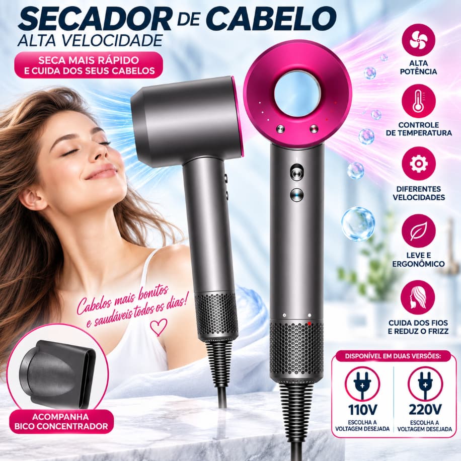 Secador de Cabelo Profissional Alta Velocidade BaihuoCity Secagem Rápida Silencioso 3 Temperaturas