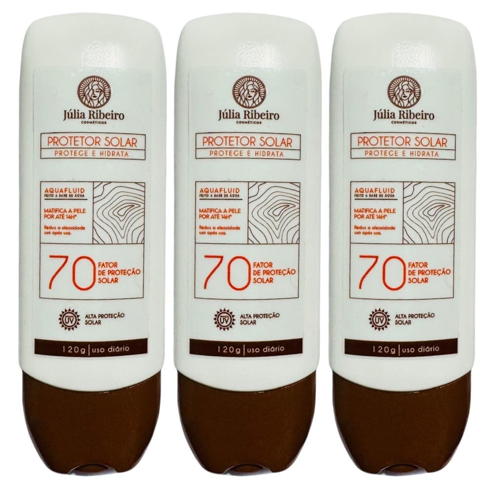 KIT 3 PROTETOR SOLAR JULIA RIBEIRO 70 FPS, 120ml FACIAL E CORPORAL TOQUE SECO
