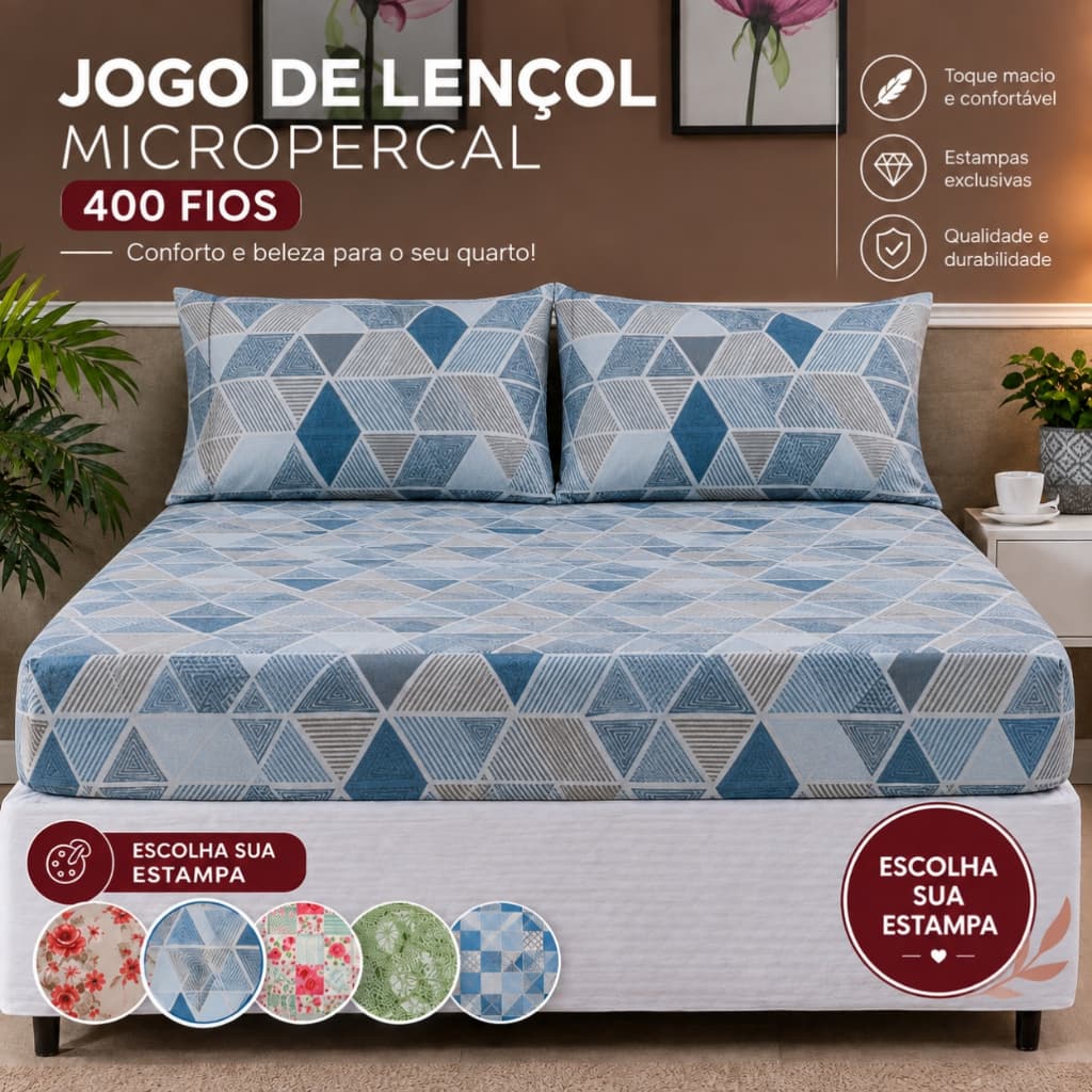 Jogo de lençol 400 Fios Estampado com Ponto Palito Lençol de Elástico e Fronha - Solteiro, Casal e Queen