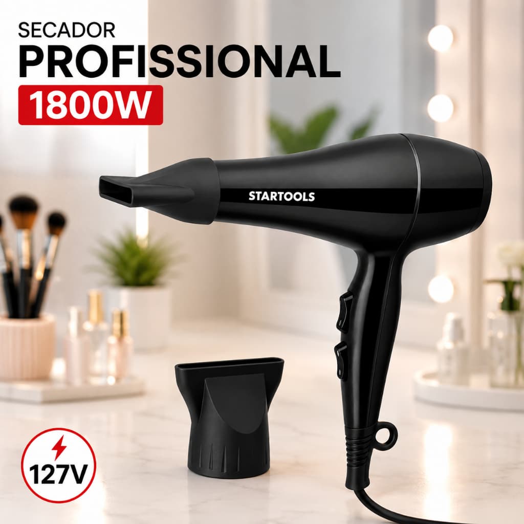 Secador Cabelo Jato Quente Frio Profissional 1800W 127V Potente Salão Beleza Preto Secar Cabelo Casa Viagem