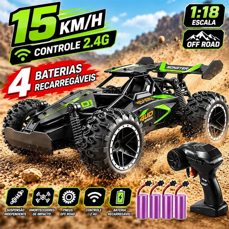 Carrinho Controle Remoto Infantil RC Jeep Off Road 1:18 2.4GHz 15km/h Alta Velocidade Recarregável 4 Baterias