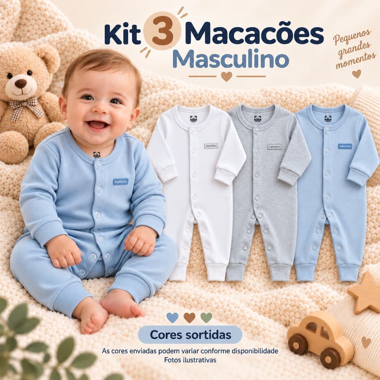 Kit 3 Macacão Bebê Liso Manga Longa Suedine 100% Algodão - Cores Sortidas - Atacado Pra Enxoval