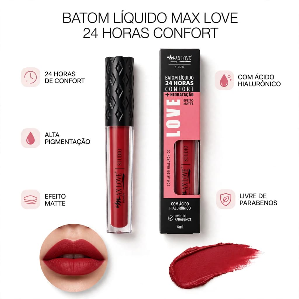 Batom Matte Líquido 24 horas Max Love Escolha as Cores Batons Vinho Vermelho Rosa Nude longa duração