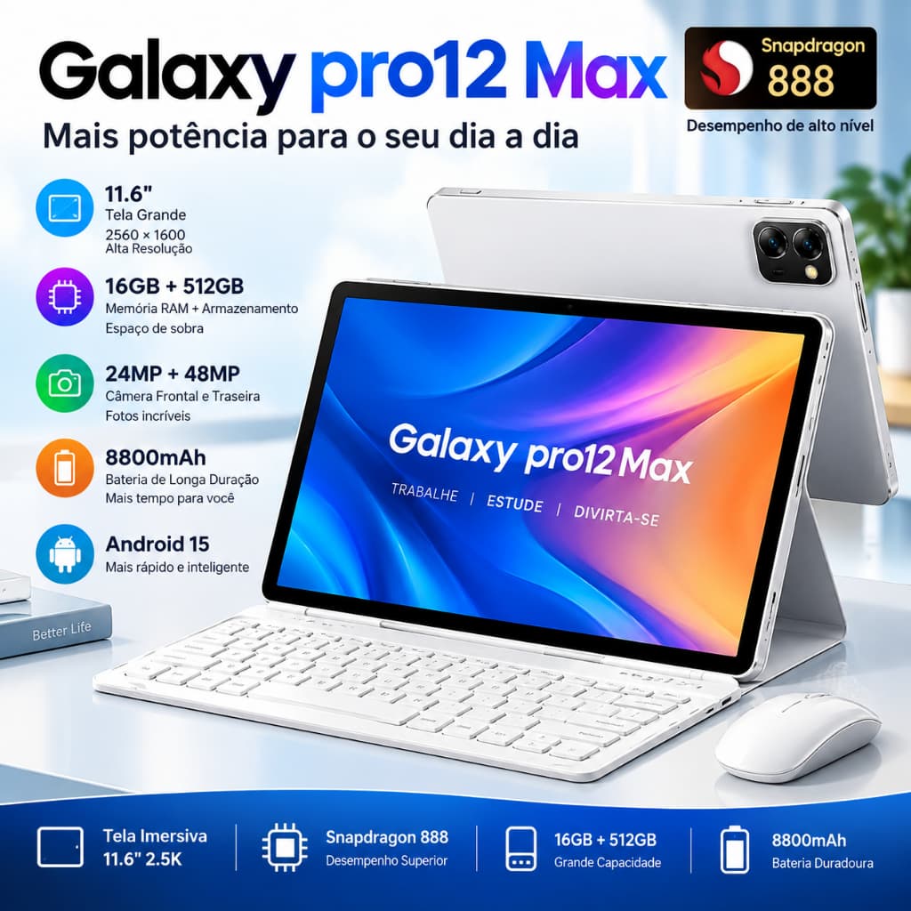 Tablet Galaxy Pro12 Max 16GB+512GB Android 15 Tela FHD 11,6" 8800mAh 4G/5G LTE - Alta Performance