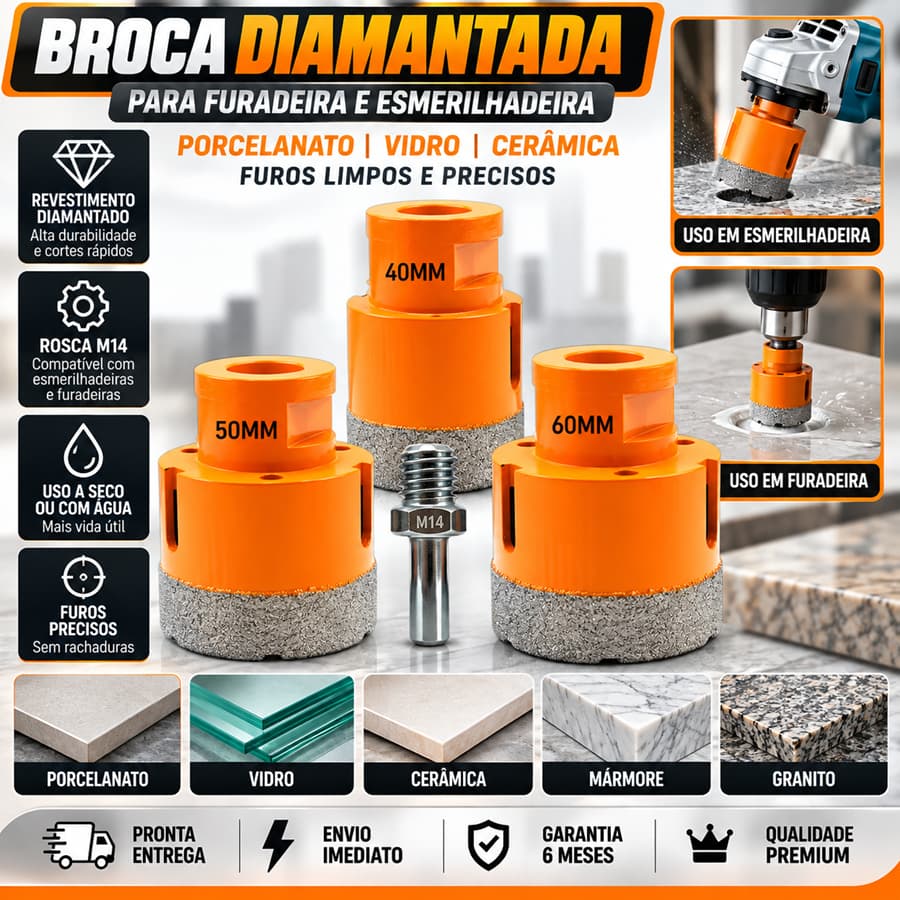 1 Broca Diamantada Para Furadeira e Esmerilhadeira 40mm 50mm 60mm Furar Porcelanato Vidro Cerâmica