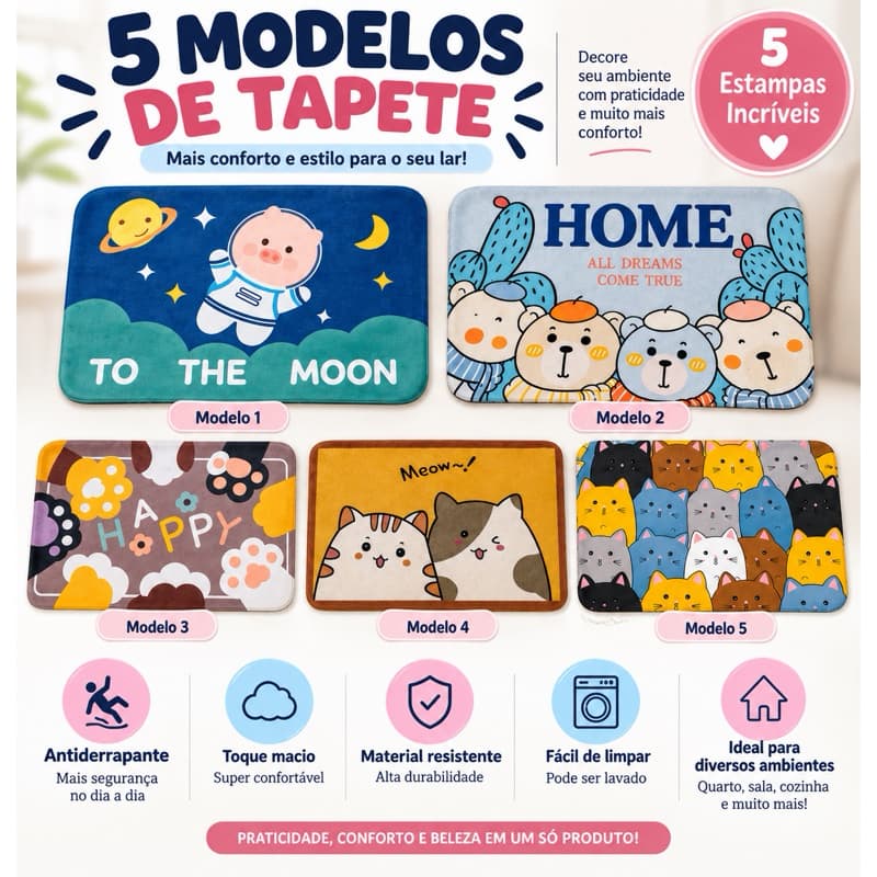 Tapete Fofo Antiderrapante 40x60cm – Decorativo para Quarto Sala Cozinha e Porta | Várias Estampas