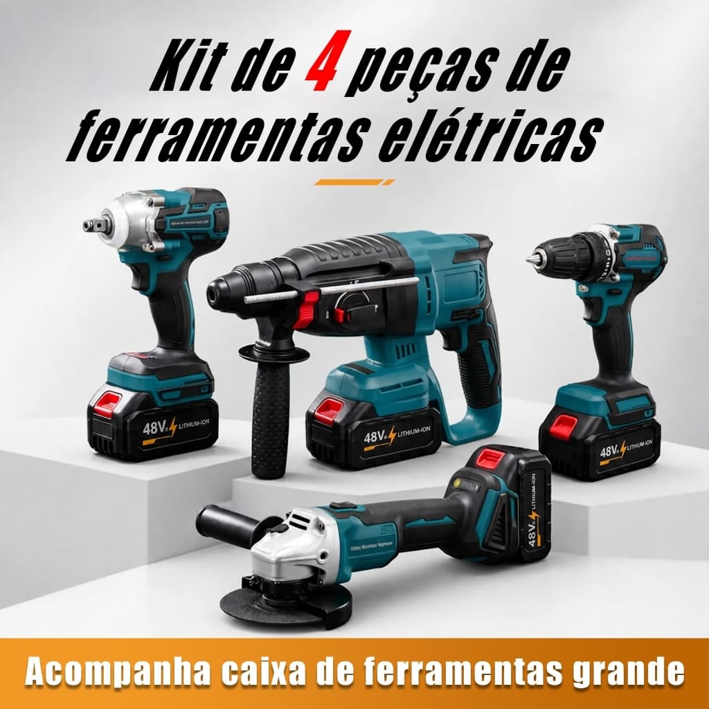 Kit Ferramentas 4 em 1 | sem escova 48V Bateria de lítio,completo com caixa de ferramentas, Martelete,com 4 ou 2 bateria