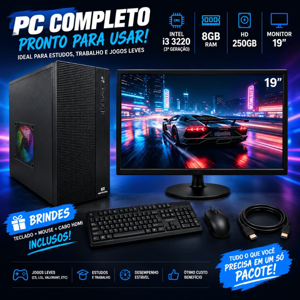 PC Computador Completo - i3 3220 + 8gb Ram + 250gb HD + Monitor 19" | Trabalho, Estudos, Office, Jogos, Edição, Steaming