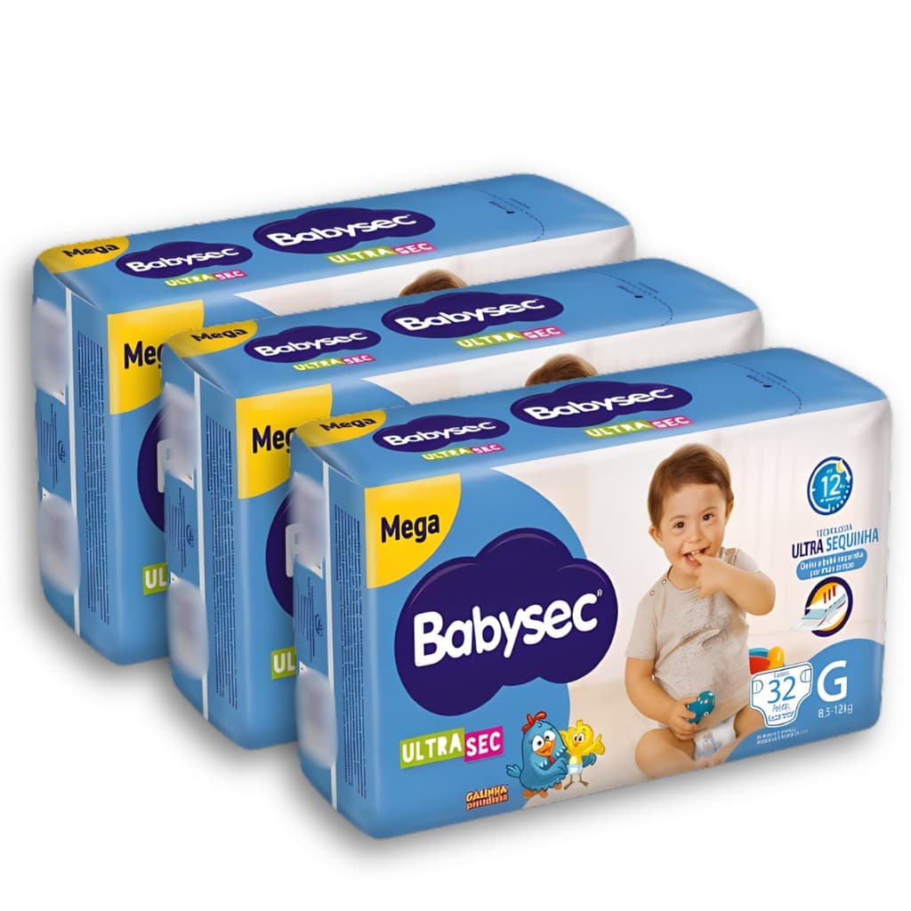 Kit 3 Fralda Descartável Babysec Mega UltraSec Tam G Galinha Pintadinha - Total 96 Unidades