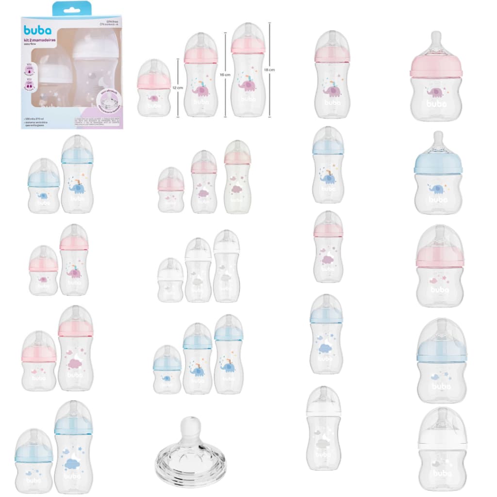Mamadeira Anticólica Easy Flow - Buba 120ml, 270ml, 330ml, kit com 2  ou 3-  Elefante e Nuvem Rosa e Azul