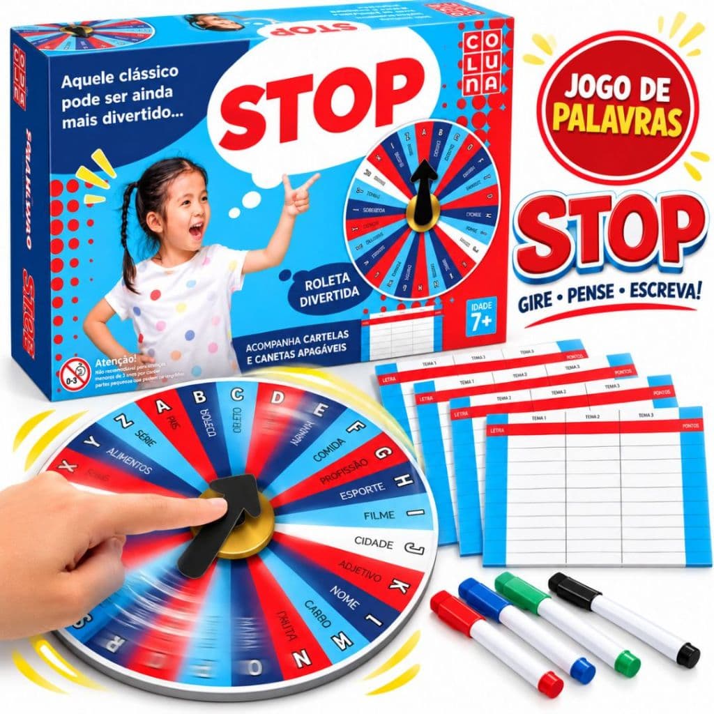 Jogo Stop Trava Letras Cartelas Caneta Apagável Palavras Português Tabuleiro Desafio Em Família