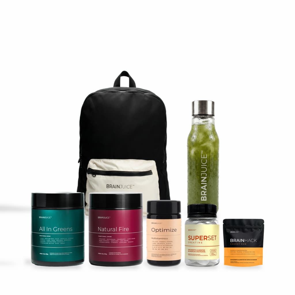 Brainjuice Pack: Suplemento, Pré Treino, Multivitamínico, Creatina em Pastilha, Chiclete Energético, Brainbag e Garrafa