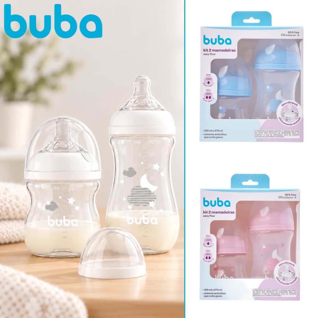 Kit 2 Mamadeiras Buba Anticólica 120 ML e 270 ML Bico Pétala Silicone Macio Easy Flow Antivazamento Bebe Recem Nascido