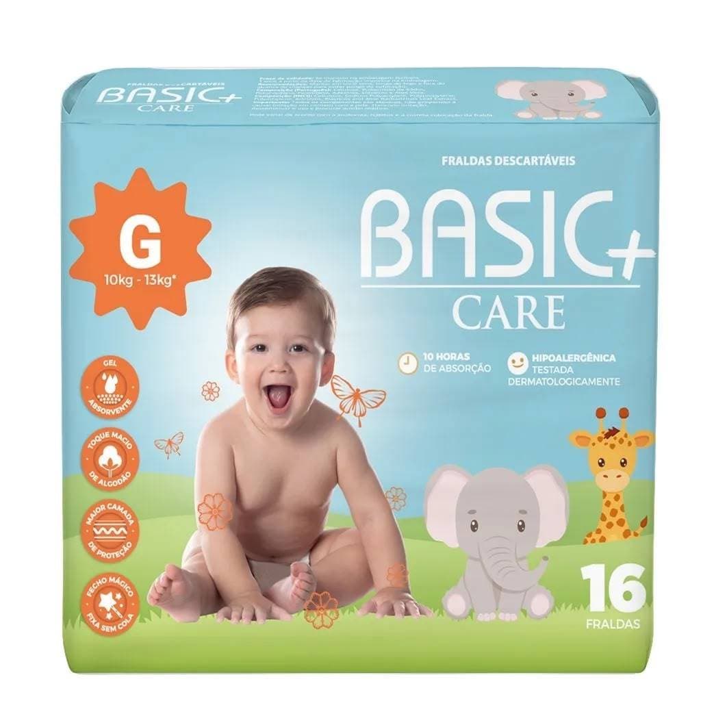 Fralda Basic + Care Tamanho G Infantil Bebê Descartável Confortável Ajustável Pacote 16 unidades