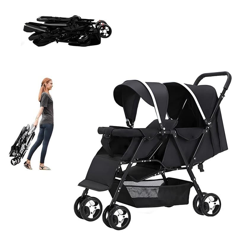 Carrinho duplo para bebês, ideal para gêmeos, com compartimento de armazenamento portátil de grande capacidade