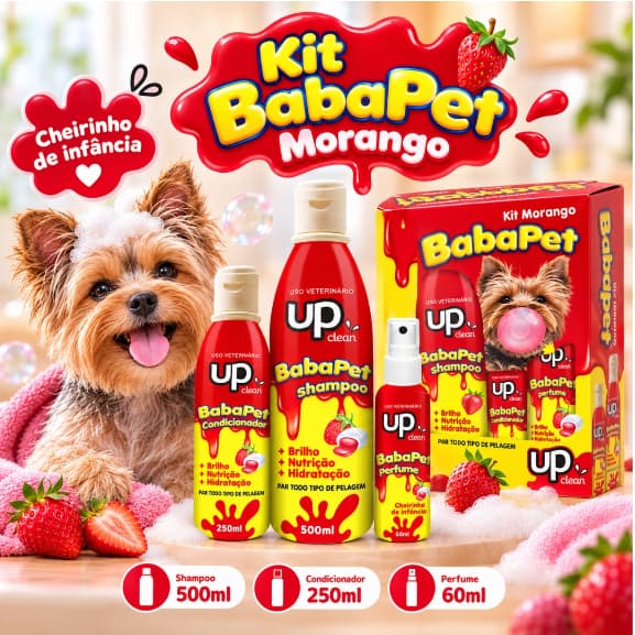 Kit Banho Pet Morango Shampoo para Cachorro 500ml + Condicionador 250ml + Perfume 60ml BabaPet Kit Shampoo UP Clean