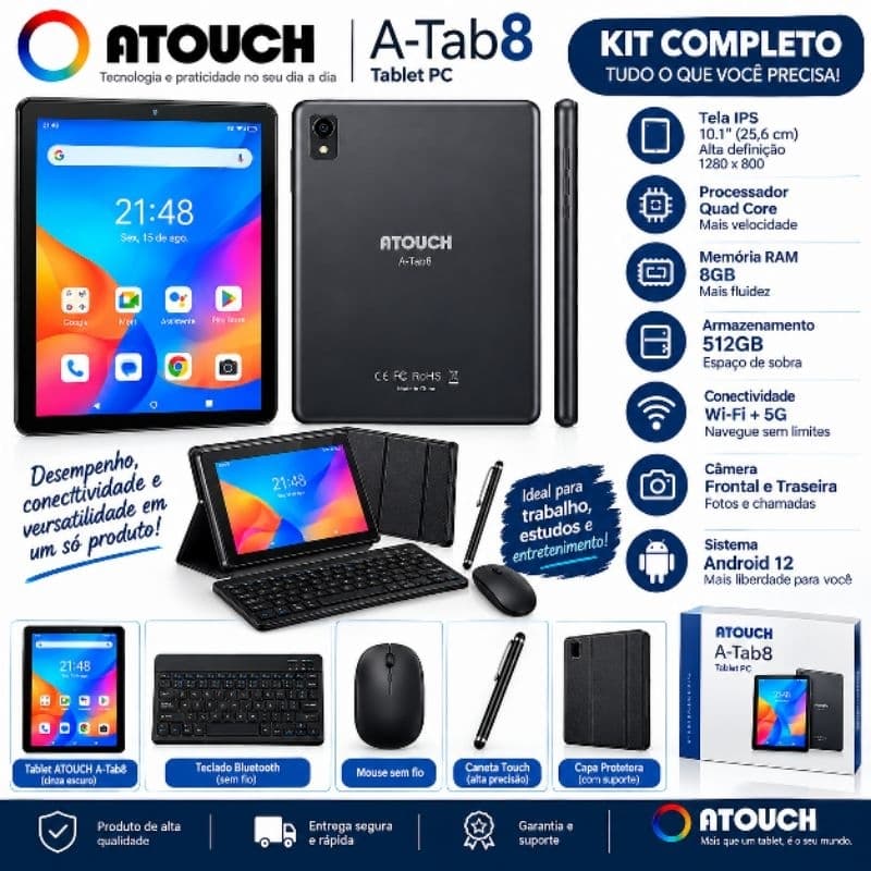 Tablet ATOUCH A-Tab8 8GB RAM 512GB 10,1” Android 12 + Teclado Mouse Caneta Capa Kit Completo