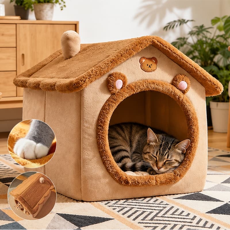 Casinha para Gato Cama Toca de Pelúcia Macia Desmontável e Lavável com Almofada Tamanhos P M G