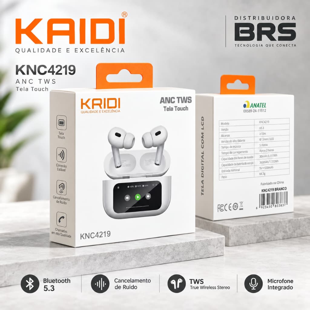 Fone Sem Fio Bluetooth Original Kaidi KD-4219 TWS Bluetooth 5.3 + Cancelamento De Ruído Microfone e Estojo de Recarga