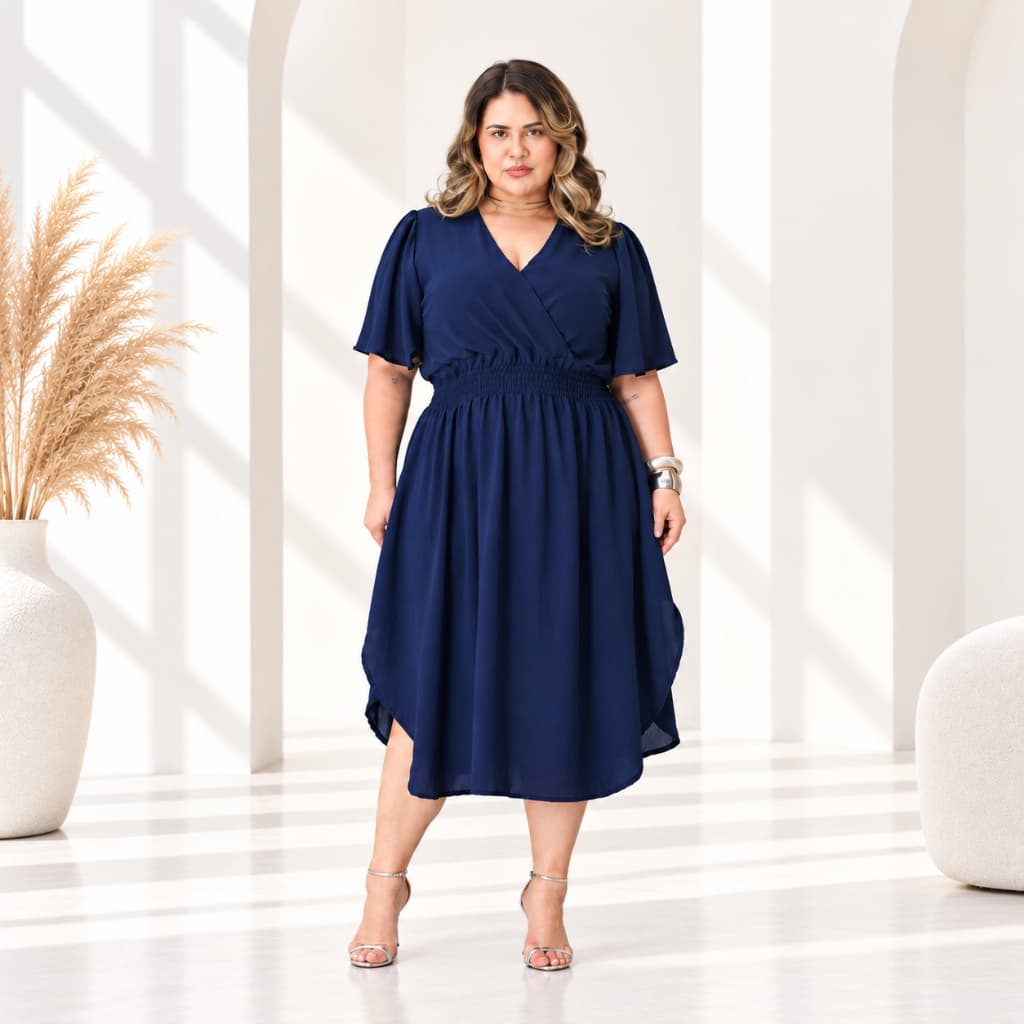 Vestido Feminino Midi Plus Size Transpassado Manga Curta Duna | Primavera/Verão