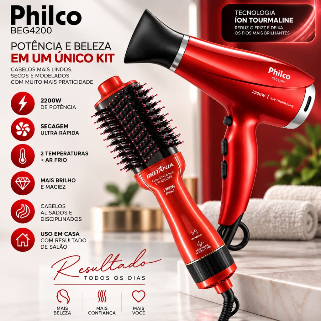 Kit Secador de Cabelo Philco 2200W + Escova Secadora Britânia 1300W Bivolt Profissional