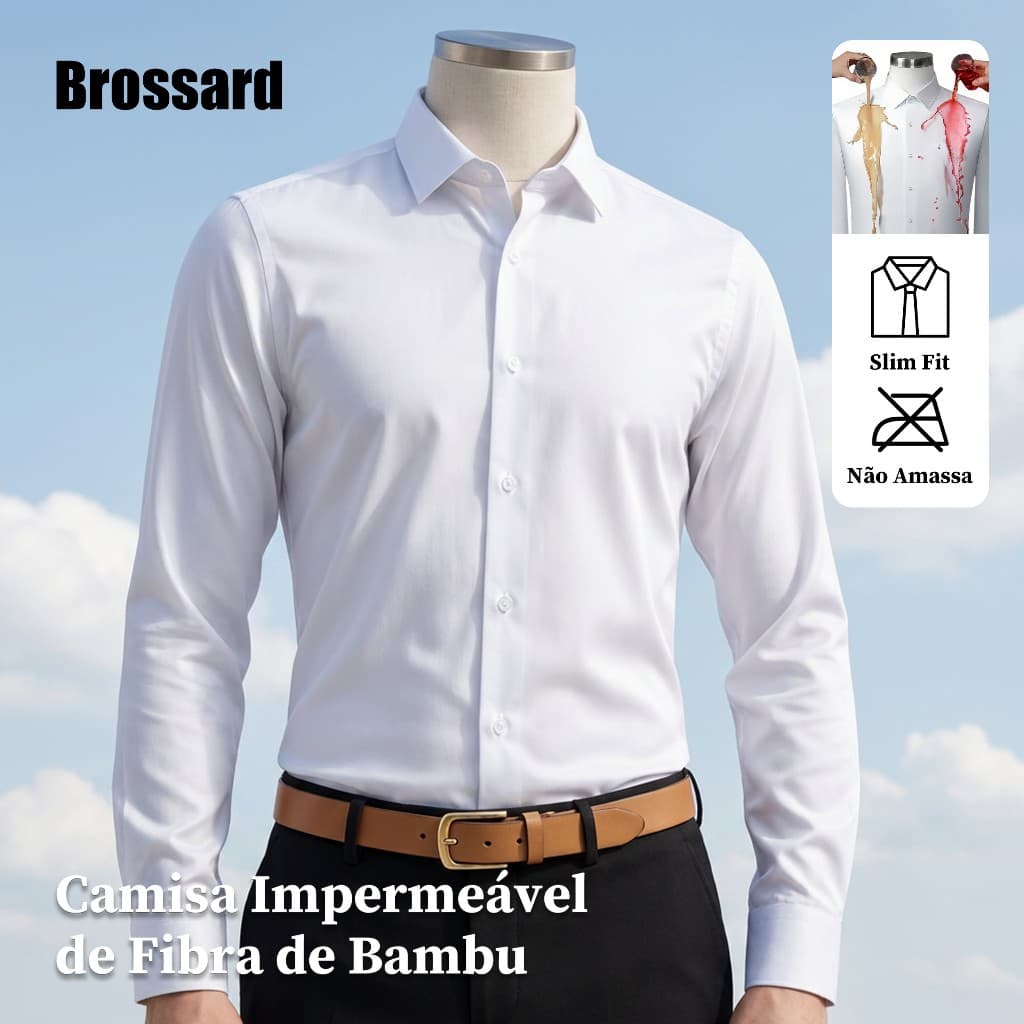 Camisa Social Masculina Manga Longa Fibra de Bambu Slim, Blusa Não Amassa Impermeável Para Presente