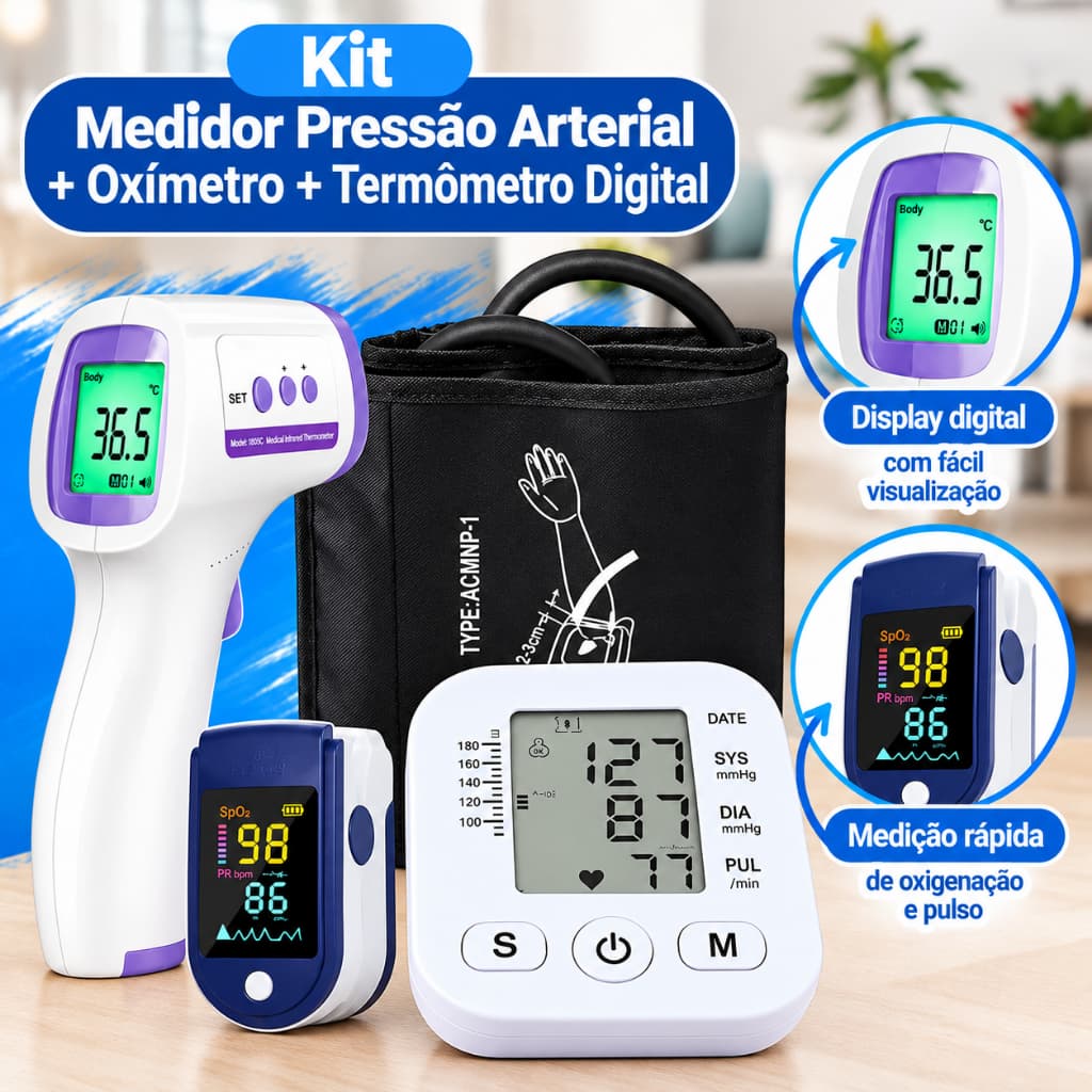 Kit Medidor de Pressão Arterial Digital de Braço + Oxímetro de Dedo + Termômetro Infravermelho 3 em 1
