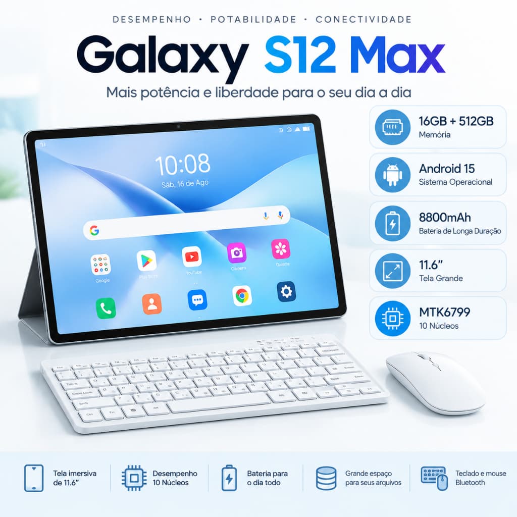 Tablet Galaxy S12 Max Combo com Teclado e Mouse - 11,6" polegadas 16GB + 512GB  8800mAh Ideal para Estudos e Jogos