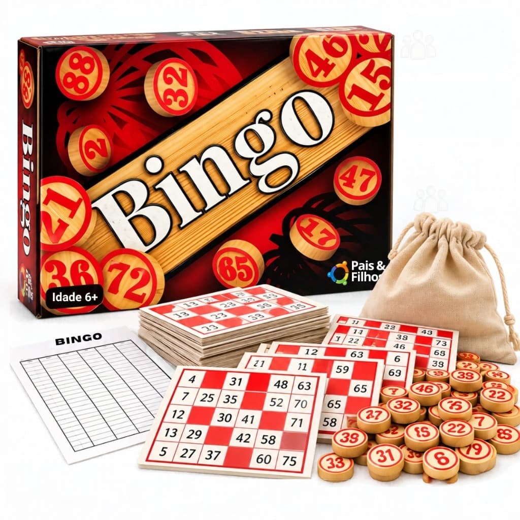 Bingo em Madeira Jogo em Família 90 Pedras 48 Cartelas Presente Dia das Crianças Pais & Filhos