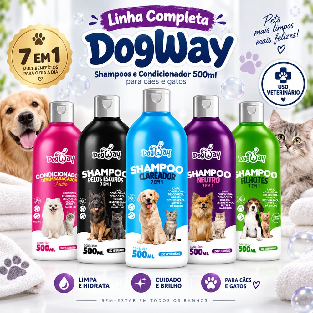 Kit Shampoo 7 em 1 e Condicionador DogWay Genial Pet 500ml para Cachorro e Gato - Linha Completa