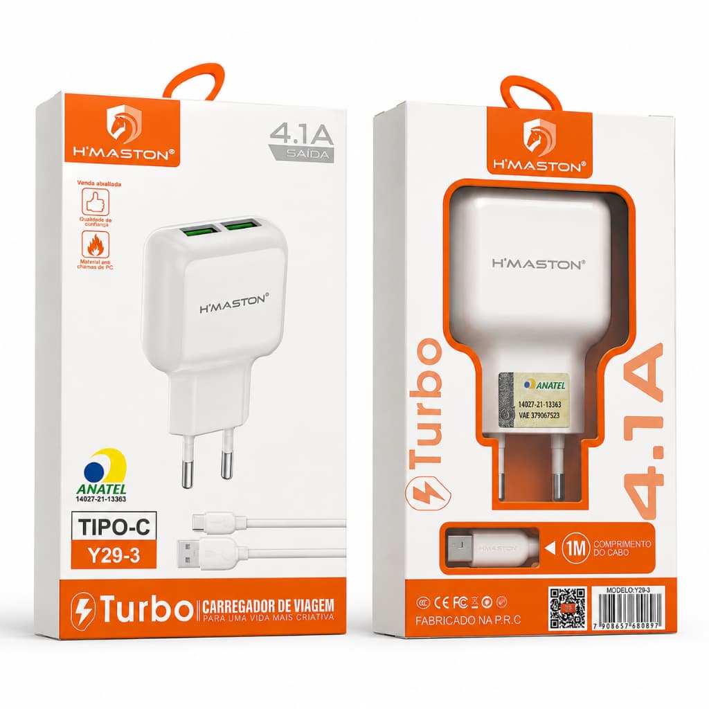 Carregador H'Maston Type-C 4.1 USB-C para Celular Smartphone Android Carga Rápida Uso Diário Portátil