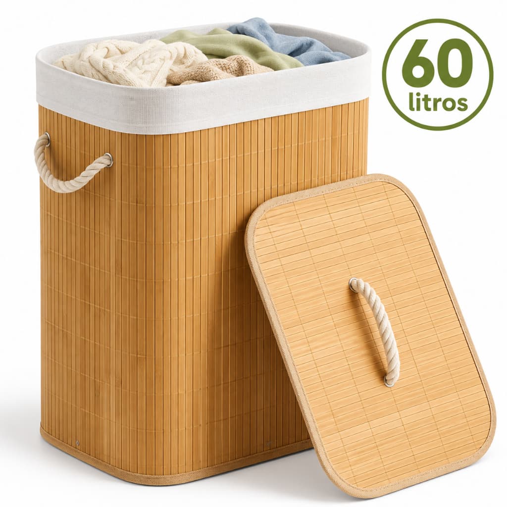 Cesto De Roupa de Bambu Dobravel Organizador 60 Litros Forrado Banheiro 60cm Grande Cesto Retangular