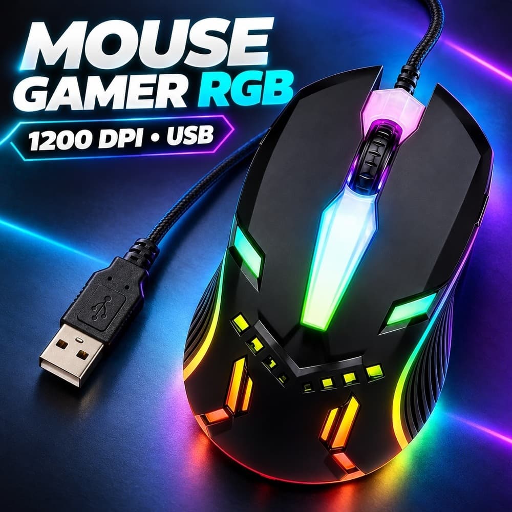 Mouse Gamer USB Com Fio 1 Peca Led Rgb Sensor Optico 3200 Dpi Jogos Fps Pc Gamer Notebook Estoque no Brasil