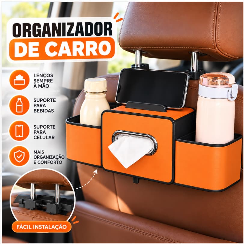 Organizador de Carro Multifuncional com Porta Lenços e Suporte para Bebidas Apoio Celular