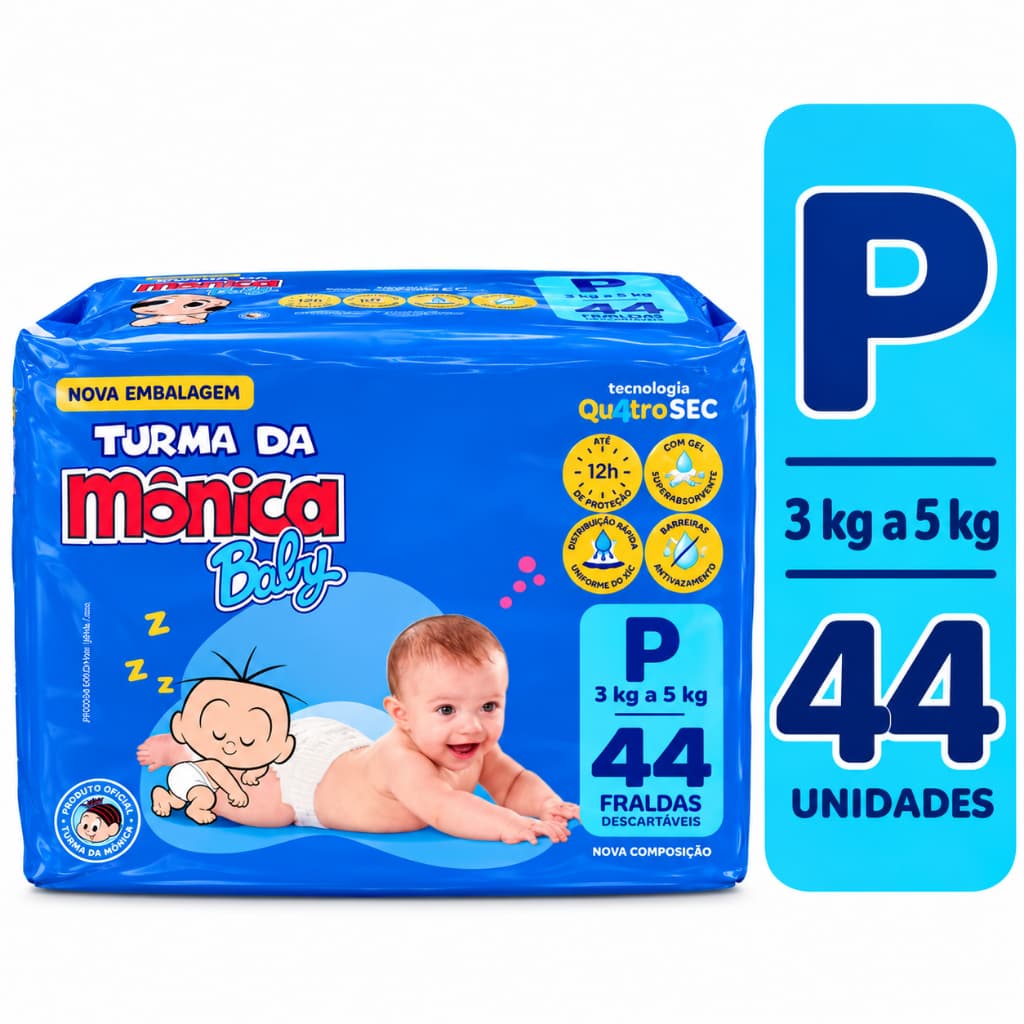 Fralda Descartável Turma da Monica Baby Economica - P com 44 UNIDADES (3 A 5 KG) Barato Revenda Infantil