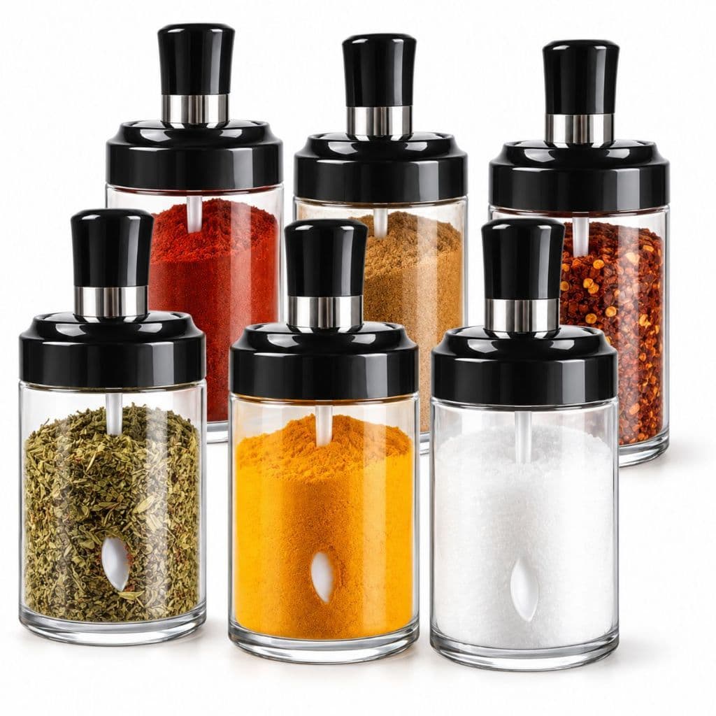 Kit 6 Porta Temperos de Vidro 260ml com Colher e Tampa Vedação de Silicone Sal Saleiro Açucar