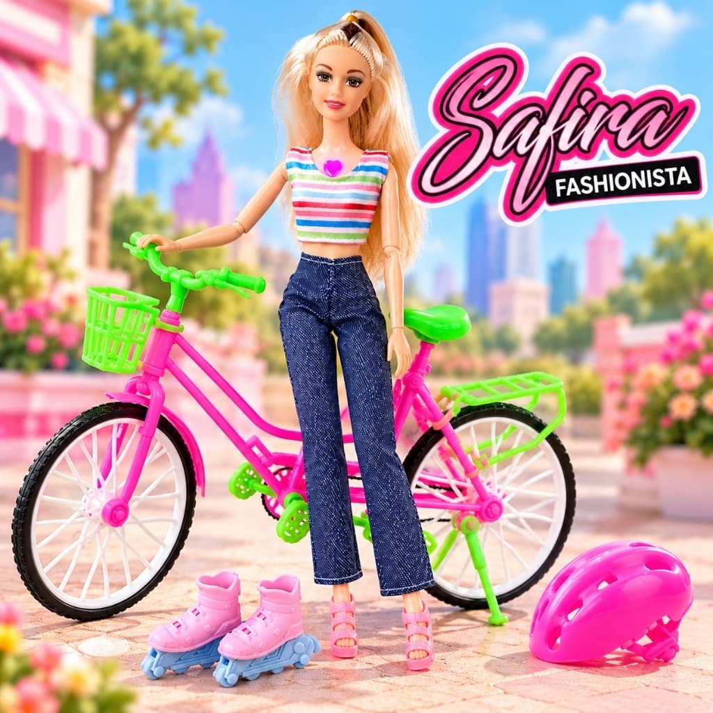 Boneca Bicicleta Com Acessórios Brinquedo Articulado Infantil Rosa Menina