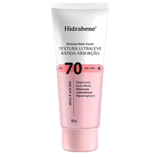 Protetor Solar Facial Hidrabene FPS 70 Ultraleve Argila Aloe Vera Toque Seco Efeito Matte 50g