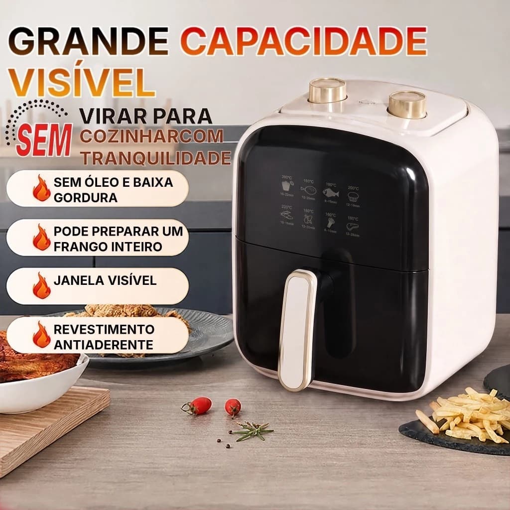 Fritadeira de Ar Visível 4L Mecânica 2 Botões, Sem Óleo, Sem Fumaça, Multifuncional para Cozinha Doméstica BIVOLT